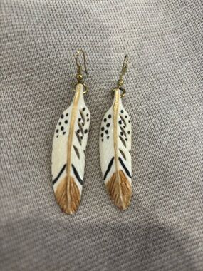 Hand carved bone White and Tan Feather Drop Earrings